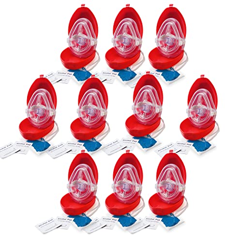 EMS XTRM Medical CPR Mask - CPR Pocket Resuscitator Mask Oxygen Inlet Elastic Head Strap Clamshell Case Antiseptic Prep Pads and Gloves - Suitable for Adults/Child - 10 Pack
