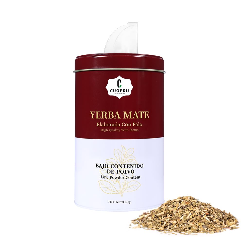 Yerba Mate, CUOPRU Suave Argentinian Mate, Low Powder, Original Leaves With Stems, Portable Storage Tea Caddy (N.W.247g)