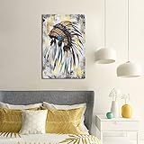 OuElegent Indian Wall Art Native American Chiefs Headdress Feather Canvas Print Tribal Painting Artwork for Living Room Bedroom Wall Decor Framed Ready to Hang 24x36 Inch