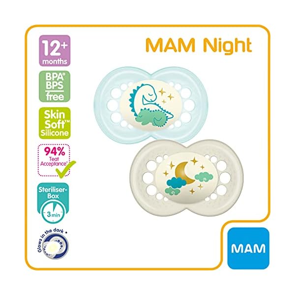 MAM Night Soothers 12+ Months (Pack of 2), Glow in the Dark Baby Soothers with Self Sterilising Travel Case, Newborn… – Bild 3