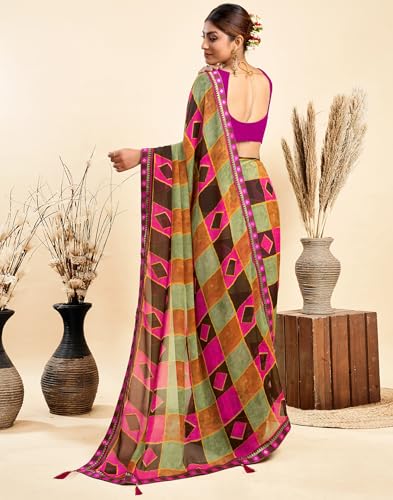 Image of SIRIL Women's Printed Chiffon Saree with Unstitched Blouse Piece