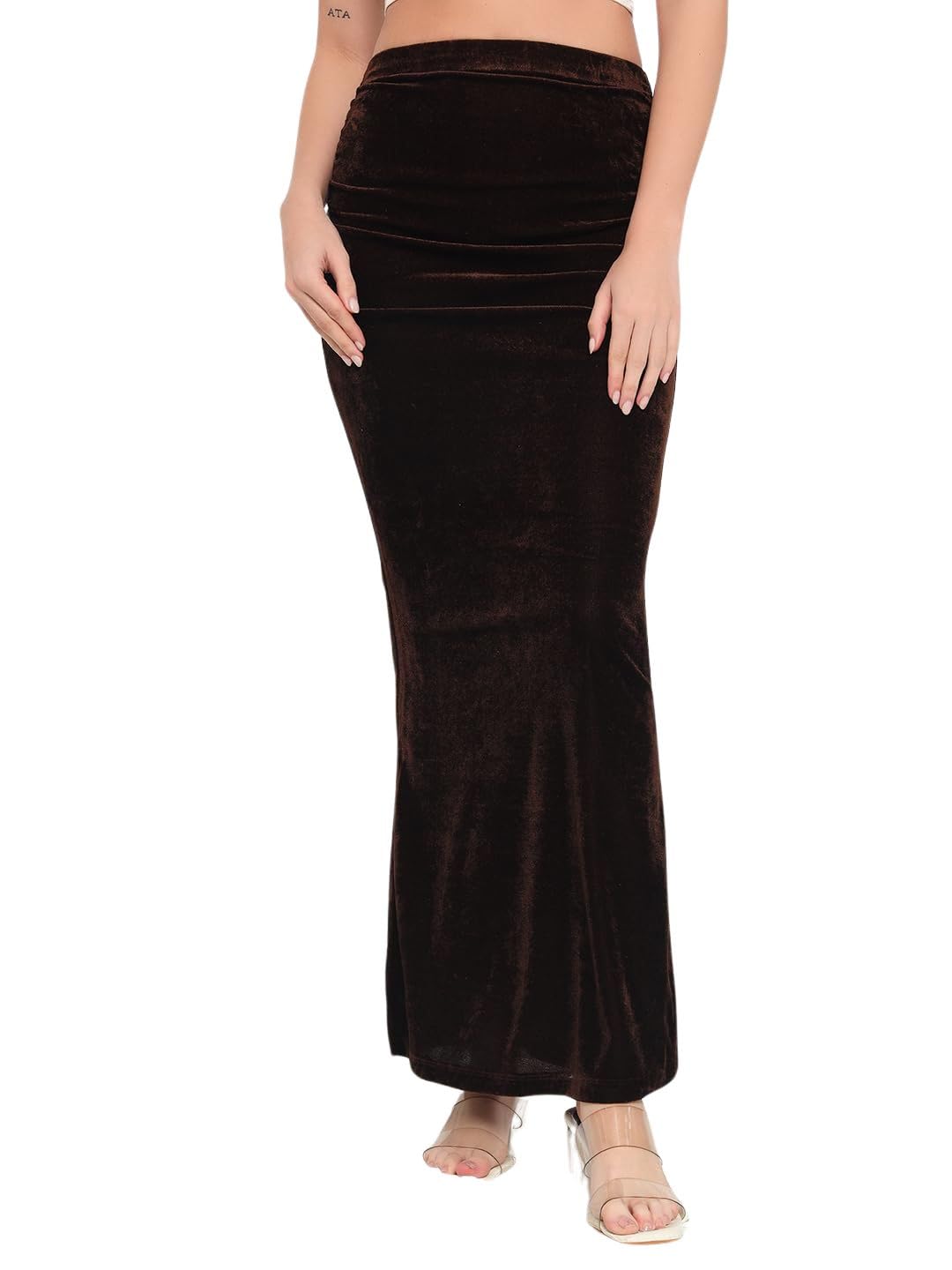 Solid Brown Women's Skirt-Velvet, Straight, Below Knee/Midi, (10527)-image-2