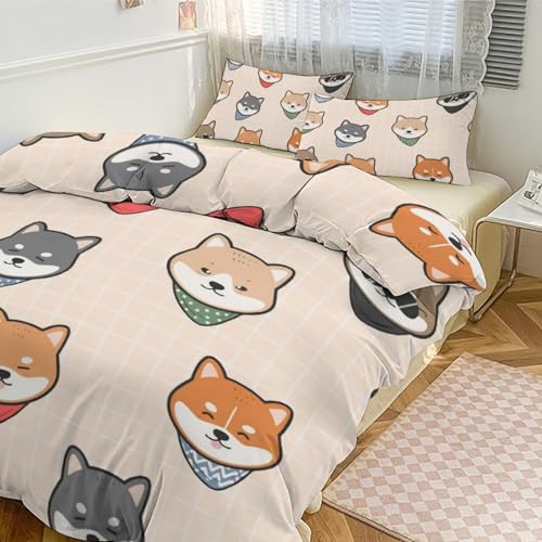 布団カバー シングル 3点セット 可愛い 柴犬柄 寝具カバーセット 掛け布団カバー 枕カバー ベッド用 布団用 洋式・和式兼用 優しい肌触り 柔らかい 通気速乾 四季通用 ギフト 86"x70"
