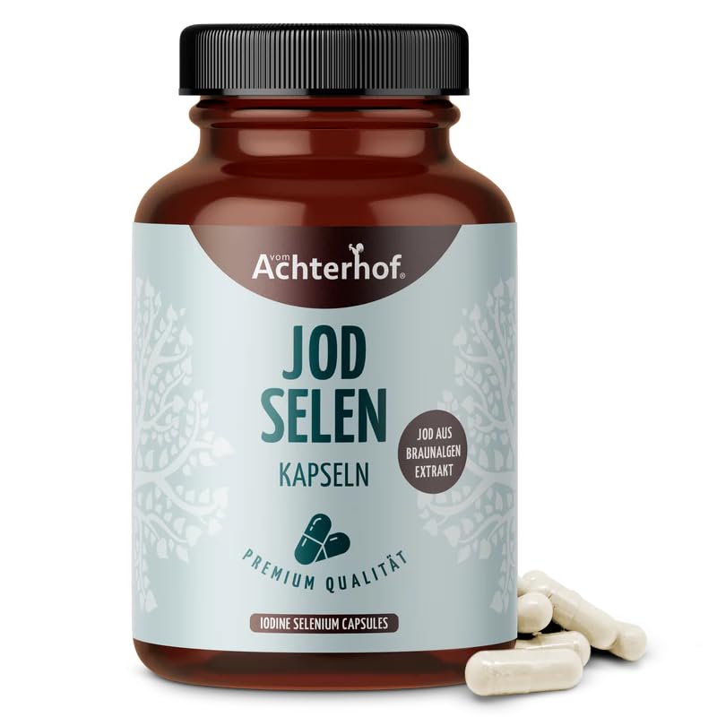 Jod Selen Kapseln (180 Stück) | 100 g Jod und 40 g Selen pro Tagesdosis | mit Thymianextrakt und der Aminosäure L-Tyrosin | für 180 Tage | Achterhof