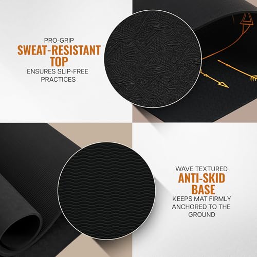 Image of WiseLife Boho Alignment 8mm Yoga Mat with Strap | Non-Slip Thick Exercise Mat for Yoga, Pilates, Gym & Flexibility Training (Black)