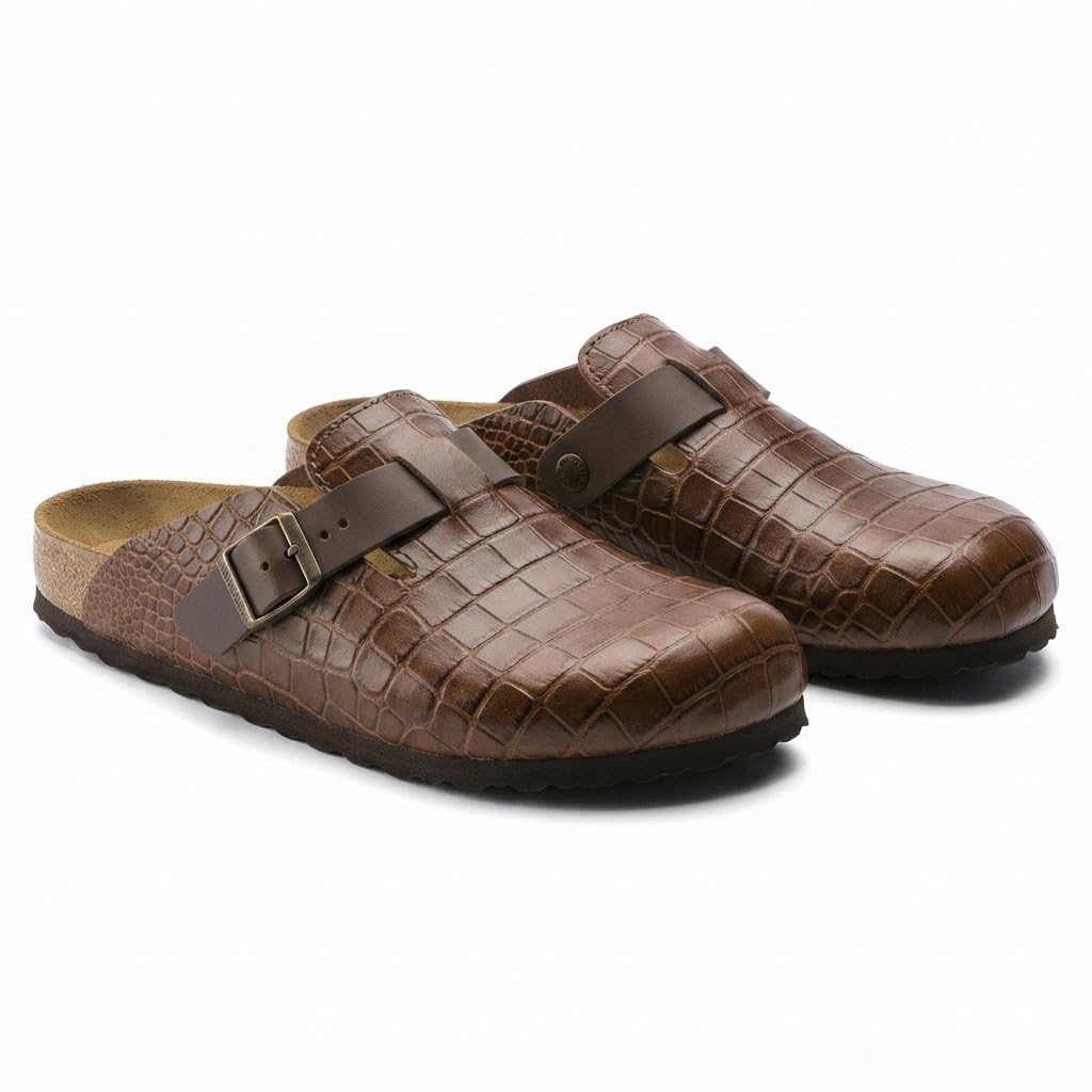 Men's Croc-Embossed Leather Clog Slippers, Brown-image-37