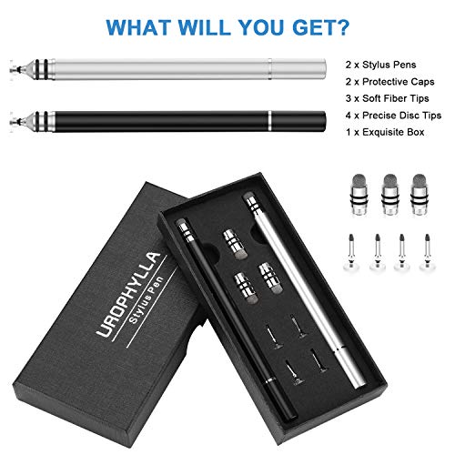 Stylus Pens, UROPHYLLA Precision Fine Point Stylus, 2 in 1 Capacitive Stylist Pens for for iPad, iPhone, Tablet, Laptops and Other Touch Screens with 7 Replacement Tips (Black/Silver)