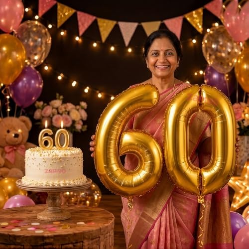 Image of Balloonistics Gold 40-Inch Foil Number 60 Balloon with Matching Number Candle - Combo Set for 60th Birthday, Anniversary, Party Decoration, Photo Booth Backdrop
