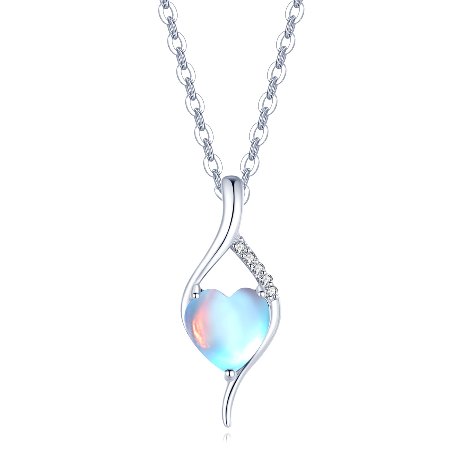 FANCIME 14K Solid White Gold Birthstone Necklace Genuine or Created 6mm Heart Gemstone Pendant with Lab Grow Diamonds Sterling Silver Chain Fine Jewelry Anniversary Birthday Gifts for Women 16" + 2": June-Moonstone