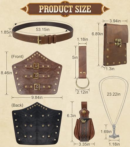 Image of 7PCS Renaissance Accessories - Medieval Belt, Viking Leather Bracers, Belt Pouch & Money Bag for Halloween Cosplay