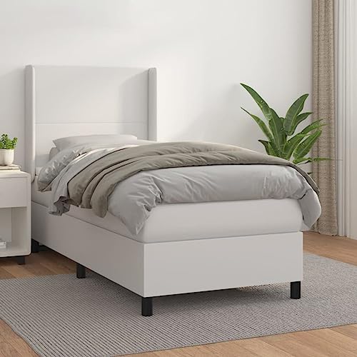 Drainlyn Cama con somier con colchón, color blanco, 90 x 190 cm, piel sintética, tapizada con cabecero ajustable y colchón de muelles ensacados incluido, incluye cubrecolchón