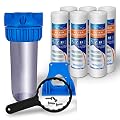 10 Inches Transparent Standard Whole House Water Filter System Presser Relief Valve, 3/4” Inlet/Outlet Brass Port & 6 Grooved 1 Micron Sediment Filter Cartridges 4 Layers of Filtration 10"x 2.5"
