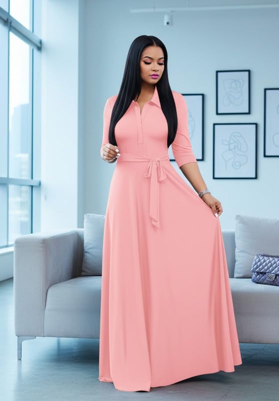 Maxi Dresses for Women Casual V Neck 3/4 Sleeve Long Church Dress Semi Formal Outfits with Pockets - Image 6