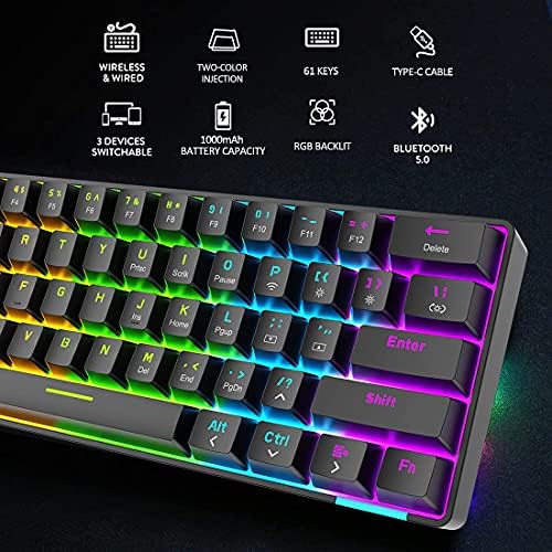 XINMENG SK61 Laptop Keyboard, PC Wireless Keyboards, 60% Bluetooth Mechanical Keyboard, Customize Anti-ghosting Programmable Keyboard, Rainbow LED Backlit for Mac Office and Learning, Game - Black