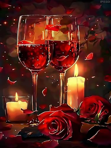 IPISSOI DIY Red Rose Wine Diamond Painting Wine Paint for Adult Full Round Diamond Art Kits for Room Decor and Living Room Decor, 12x16 inch