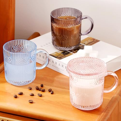 Lysenn Glass Coffee Mugs Set of 4 - Premium Crystal Glass Mugs with Lids – Unique Design Coffee Glasses for Tea Latte Cocoa Chocolate - 10 oz, Pink - Thumbnail 5