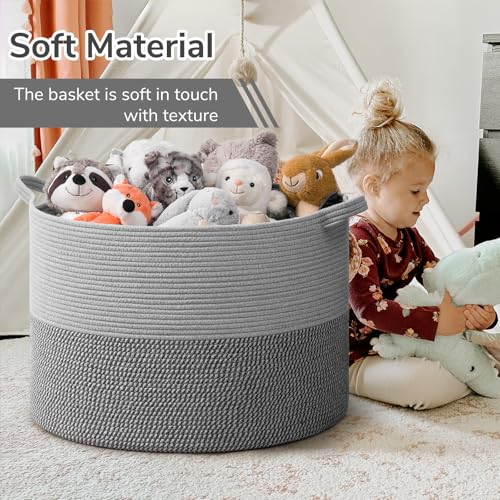 Image of INDRESSME 115L Extra Large Blanket Basket, Cotton Rope Basket for Nursery Living Room, Decorative Woven Storage Baskets with Handles for Dirty Clothes, Toy Bin For Dog Toys, Grey