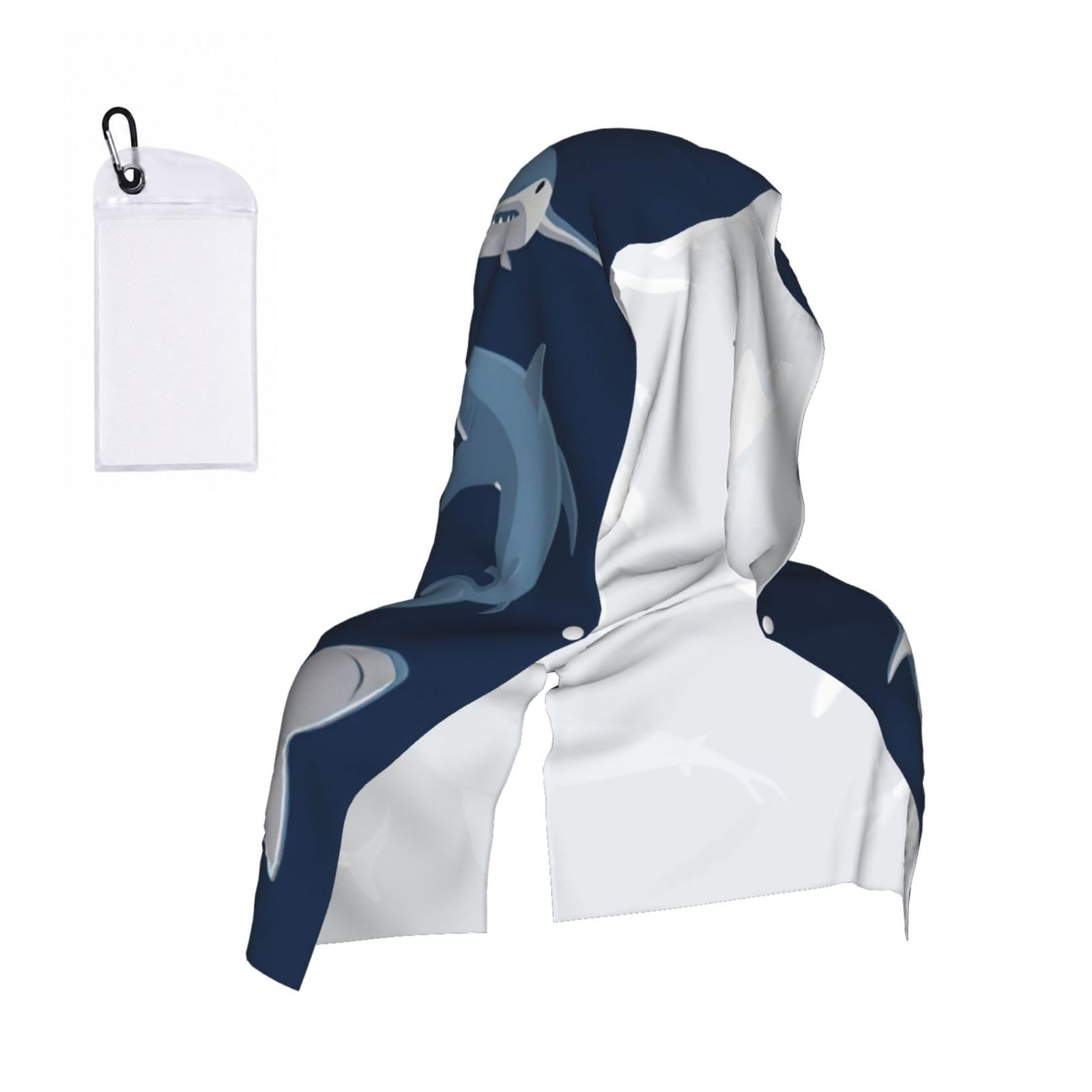 DUWAA Blue Cartoon Shark Print Reusable Hoodie Cooling Neck Wrap, Hot Weather Outdoor Sports Workout Head Towel For Stay Chill