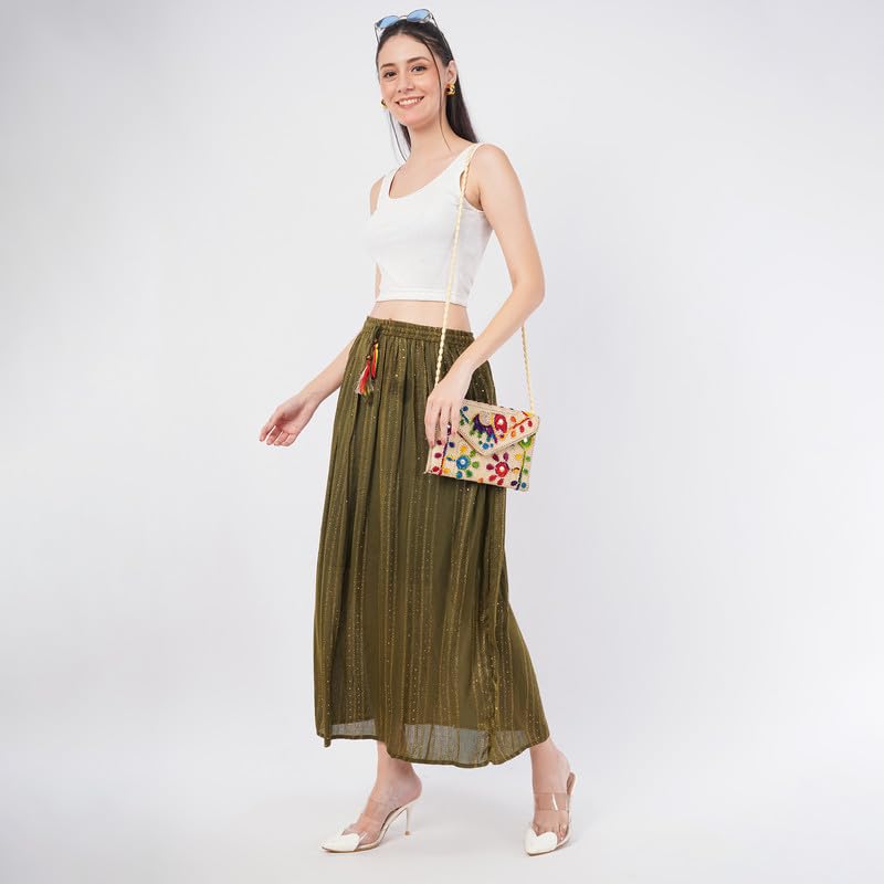 Rabhika Women’s Olive Green Pure Cotton Maxi Skirt with Subtle Gold Shimmer, Festive Ethnic Long Skirt for Women| L 1