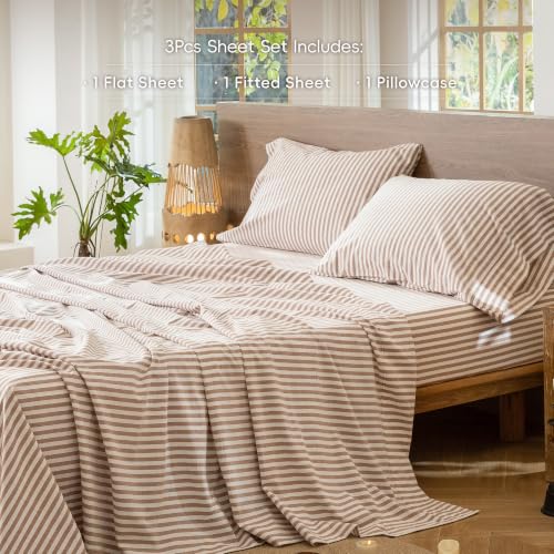 Image of MooMee Striped Sheet Set 100% Washed Cotton Linen Like Twin