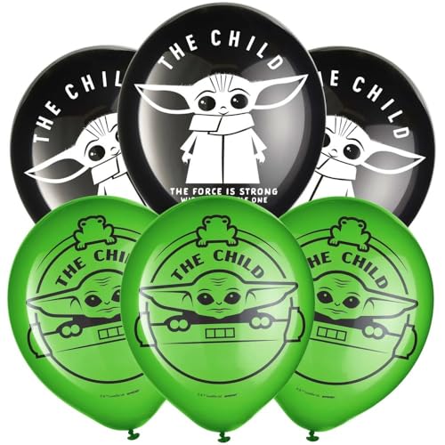 Image of Star Wars The Mandalorian Baby Yoda Latex Balloons - 12 inch (Pack Of 6) - Black & Green - Perfect For Parties & Celebrations