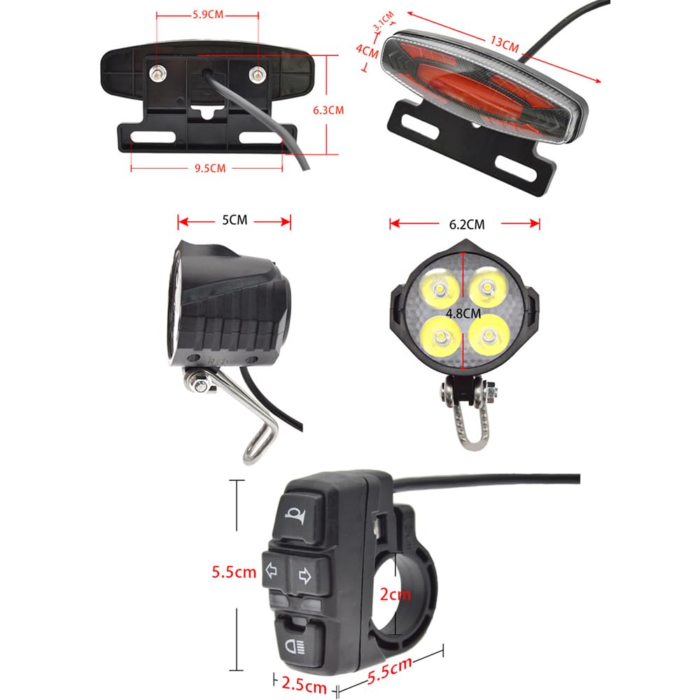 Indicatori di direzione per bici elettriche, fanale posteriore per bici super luminoso 24-48V con interruttore di svolta e clacson per andare in bicicletta