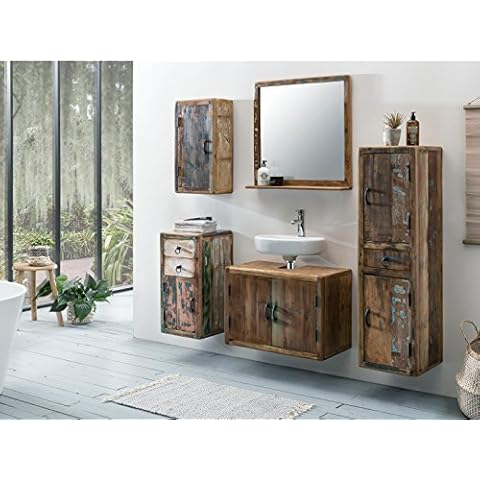 Woodkings® Bad Set Kalkutta 5teilig recyceltes Holz rustikal Mehrfarbig Badmöbel Badschrank Badezimmer Komplettset Echtholz Cover
