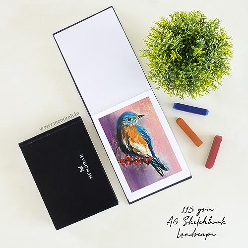 Image of MENORAH Paper Artist Sketch Book - A6-115 Gsm (160 Pages / 80 Sheets) Drawing Notebook - Hard Bound Book - (10.5 Cm X 14.8 Cm) - Completely Handmade - Landscape-Black, Watercolor