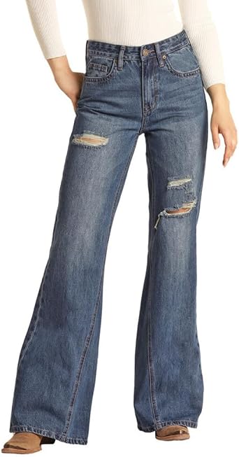 بنطلون جينز نسائي من Rock & Roll Denim Distress Flare Comfort Palazzo RRWD8HR0GX