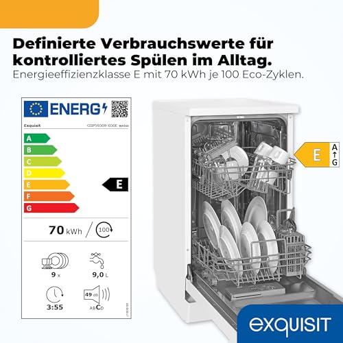 Exquisit Geschirrspüler | 9 Maßgedecke, Energieeffizienzklasse E, 49 dB(A) | schmal, kompakt, 7 Programme, Eco, Intensiv, Kurz, Extra-Trocknung, Startzeitverzögerung | GSP59309-030E weiss