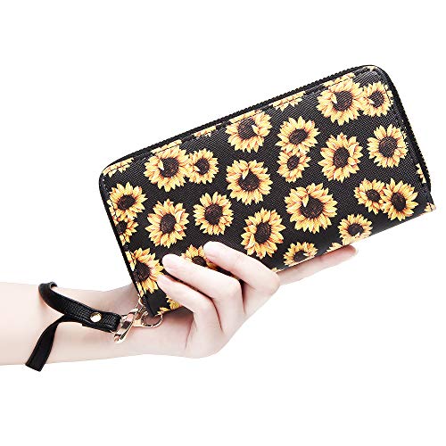 KUKOO Women’s Printed Zip Around Wallet Phone Clutch Purse Card Holder Organizer (Yellow -daisy-1)2