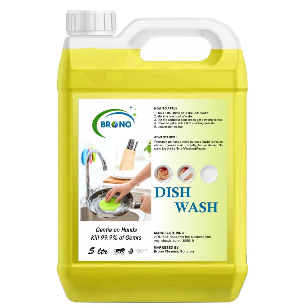 BRONO Dishwash Liquid Gel Lemon Can Jar 5 L Fast Cleansing & Antimicrobial action with long-lasting hygienic & refreshing, Leaves No Residue, Grease Cleaner For All Utensils, Dishwashing Liquid (Yellow Dish Wash) (B0CB484L37) Amazon Price History, Amazon Price Tracker