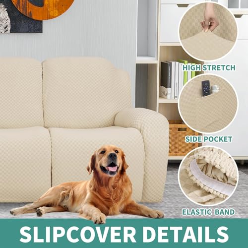 Image of YEMYHOM 4 Pieces Stretch Recliner Slipcover Jacquard Recliner Chair Cover with Side Pocket Anti-Slip Fitted Recliner Cover Couch Furniture Protector with Elastic Bottom (Recliner, Beige)