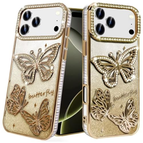 Image of VONZEE Electroplated Butterfly Case Compatible with iPhone 17 Pro Max, Pearlescent Diamond Sparkle Soft TPU Cover, Shockproof Drop Protection, Camera Lens Guard Phone Case for Women & Girls, Gold