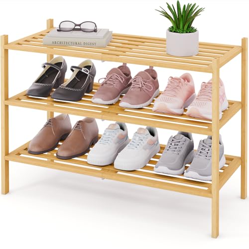 Image of Smiry Bamboo Shoe Rack, 5 Horizontal Slats, 3 Tier - 26.8 inch Wide, Natural