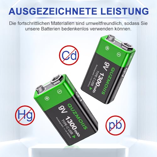 9V Wiederaufladbare Akku, 1300mAh Lithium-Ionen 9 Volt Block Batterien Schnellladung über USB-C ideal für Rauchmelder, Feuermelder, Multimeter (2 Stück)