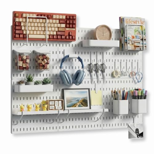 Keepo Peg Board Wall Organizer – Plastic Pegboard Panels, Modular Peg Board Storage System for Home Office, Craft Room, Gaming Setup (White, 33″×22″)