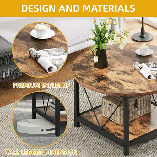DWVO Round Coffee Tables for Living Room, 2 Tier Small Coffee Table, Circle Table with Open Storage Shelf, Rustic Wood Coffee Table with Metal Frame, Easy Assembly, Brown