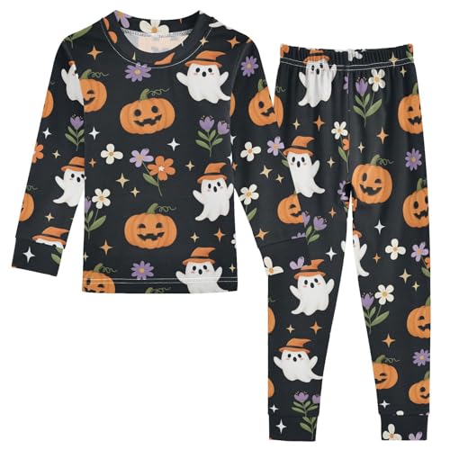 Pajama Sets Long Sleeve Halloween Ghosts Pumpkins Flowers Soft Comfy Sleepwear 2 Piece PJS 3-8T