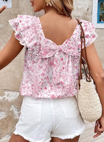 Image of Falechay Womens Bow Tie Back Tops Round Neck Ruffle Short Sleeve Shirts Cute Babydoll Chiffon Tee Women Summer Trendy Tunic