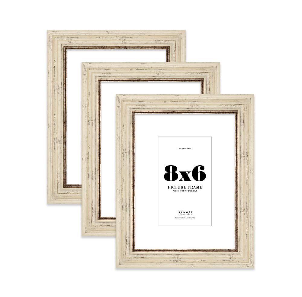 8x6 Distressed Cream Picture Frame - 8x6 Frame with 5x3 Mount for 8x6/5x3 Pictures Art Deco Style Photo Display, 3 Pack — image 1