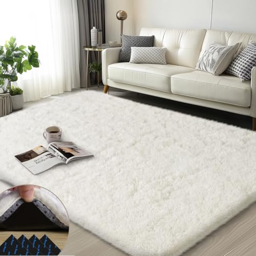 3x5 Rugs for Bedroom, Large Fluffy Cream White Area Rugs for Living Room, Soft Shag Kids Rug Small Carpet with 4 Non-Slip Rug Pads (3ft x 5ft, Cream White)