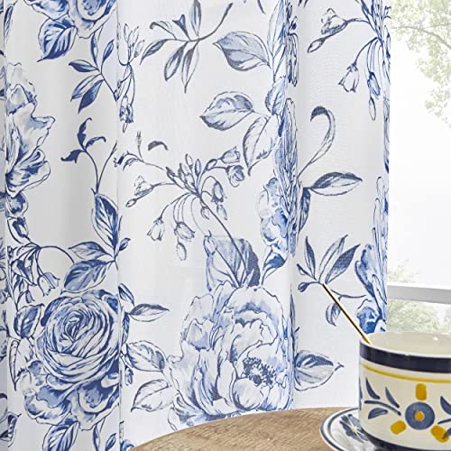 Beauoop Boho Floral Light Filtering Fabric Curtains 84 Inch Long For Living Room Bedroom Botanical Rose Print Rustic Canvas Privacy Protection Drapes Grommet Window Treatment, 2 Panels, 52" Wide, Blue #TOP6