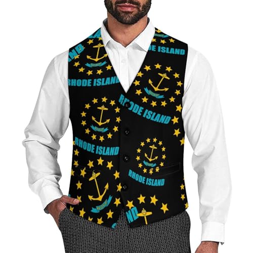 Rhode Island Flag Casual Suit Vest for Men Formal Business Dress Regular Fit Waistcoat Tuxedo