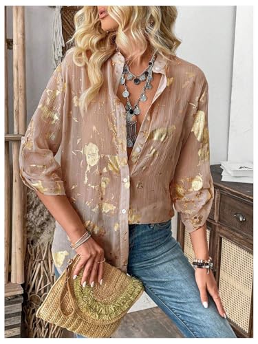 GORGLITTER Women's Sheer Button Down Shirts Long Sleeve Blouse Business Tops4
