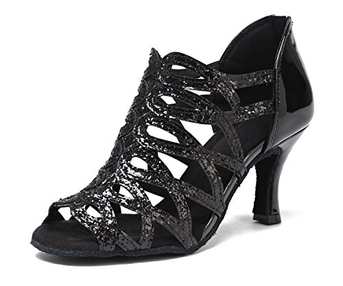 Minishion GL240 Women's Cut-Out Zip Black Synthetic Latin Ballroom Tango Salsa Dance Shoes Wedding Party Prom Sandals US 7