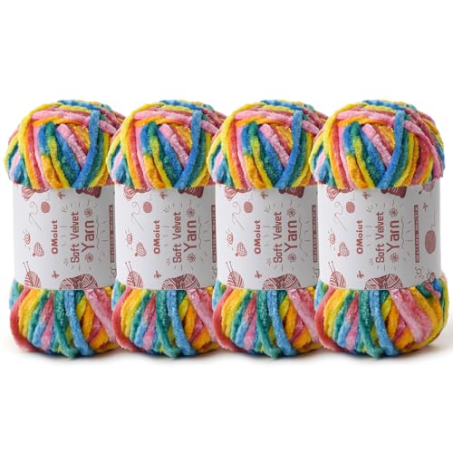 Image of 4x100g Fluffy Velvet Chenille Yarn for Crocheting and Knitting, 4x80m (87.5yd) Baby Yarn for Crocheting Soft, Crochet Chunky Yarns Amigurumi Yarns (4 Rainbow 1)