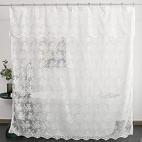 YJ YANJUN White Lace Shower Curtain - Victorian Shower Curtain with Attached Valance, Floret Lace Shower Curtain for Bathroom Scalloped Edge, 72 x 72 Inch, 1 Panel Cover