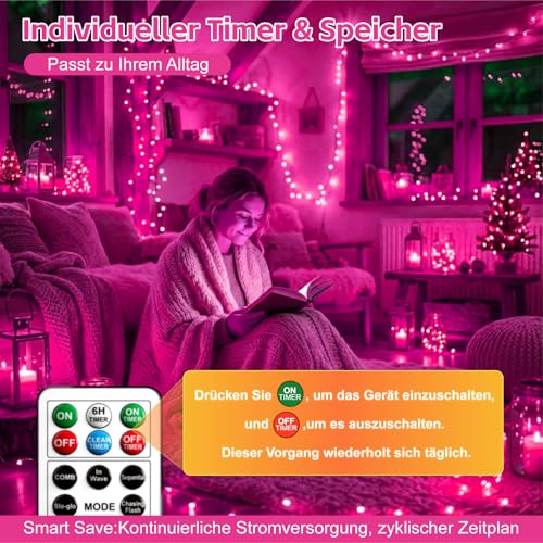 Image of 6 Pack Rechargeable Fairy Lights with Remote & DIY Timer, 7ft 20LED Dimmable Silver Wire String Light for Mason Jar, Mini Twinkle Lights for Indoor Christmas Bedroom Wedding Decor, Pink