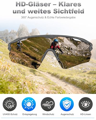 Fahrradbrille Herren Laufbrille Damen, UV400 Sonnenbrille Sportbrille, TR90 Frame mit Verstellbaren Nasenflügel MTB Schutzbrille Schnelle… – Ansicht 5